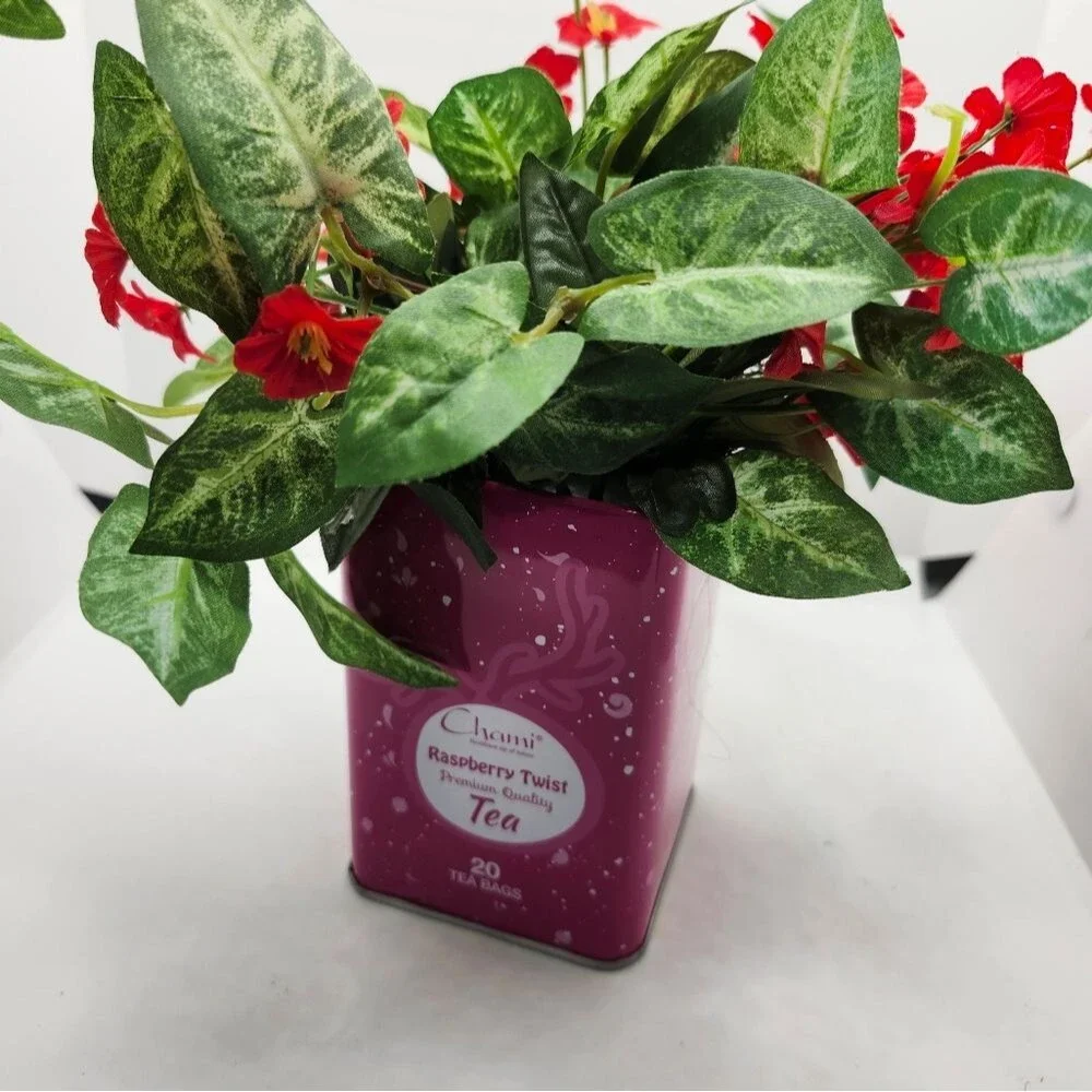 Hand Crafted Floral Table Centerpiece Spring Red Flower Tea Tin